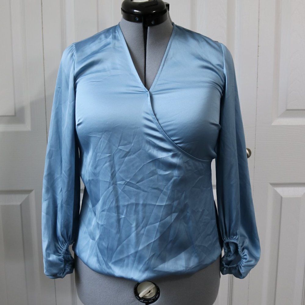 INC Blouse Baby Blue Satin V-Neck